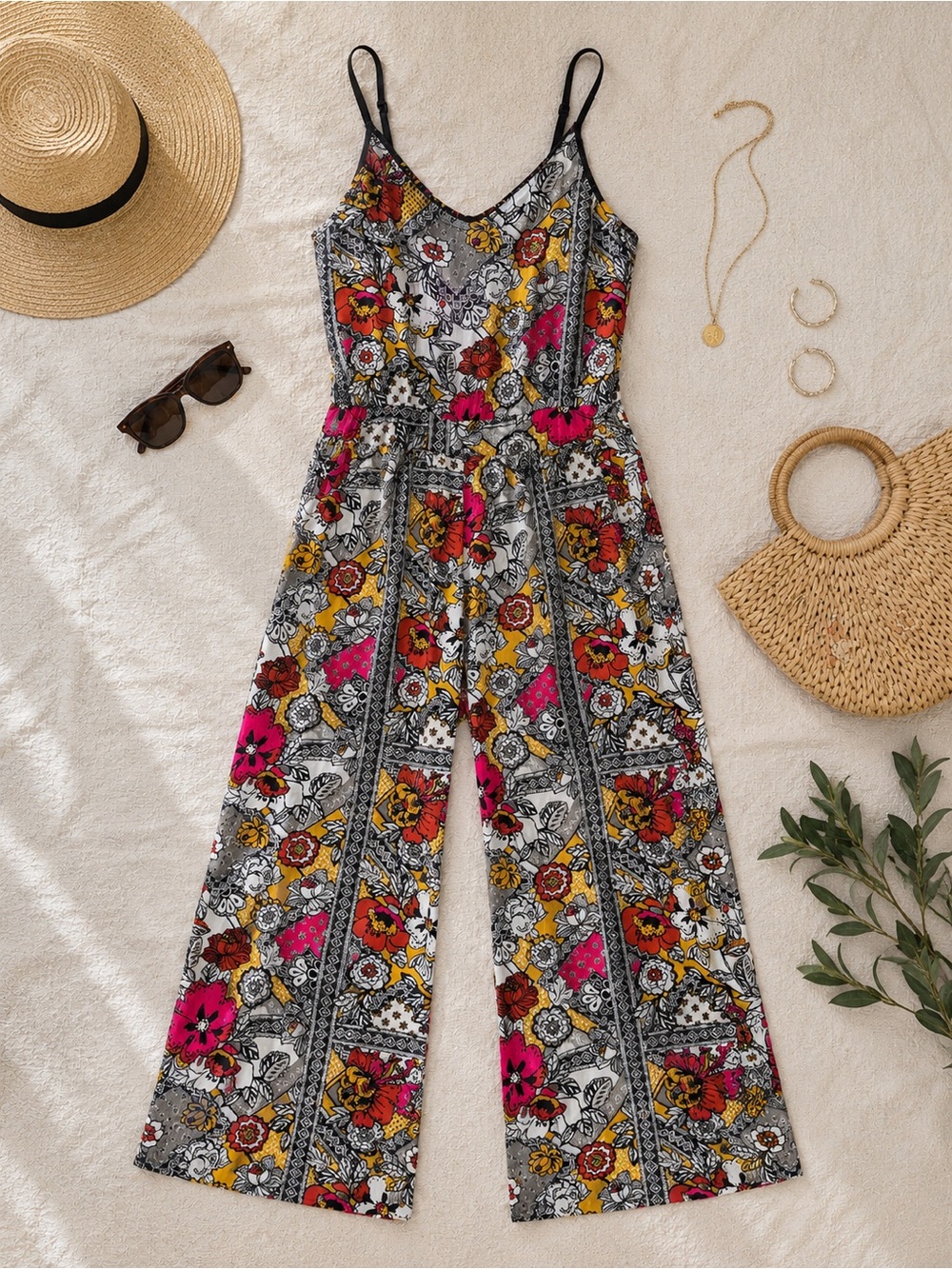 Boho Floral Wide Leg Jumpsuit | Adjustable Straps | Flowy Midi | M